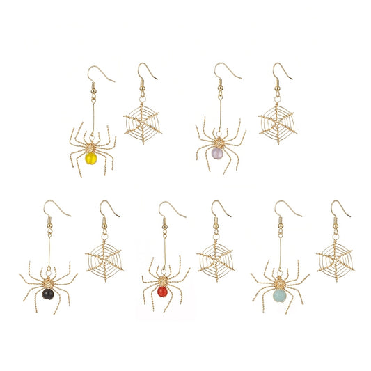 Natural Gemstone Dangle Earrings, Brass Jewelry for Women, Spider & Spider Web