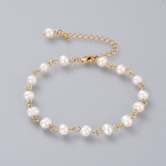 Beaded Bracelets, with Grade A Natural Freshwater Pearl Beads and Brass Extension Chains, Golden, 188mm