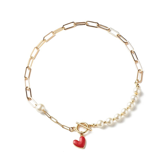 Glass Pearl Beaded Necklaces, with 304 Stainless Steel Paperclip Chains and Heart Charms, Golden, Red, 16.73 inch(42.5cm)
