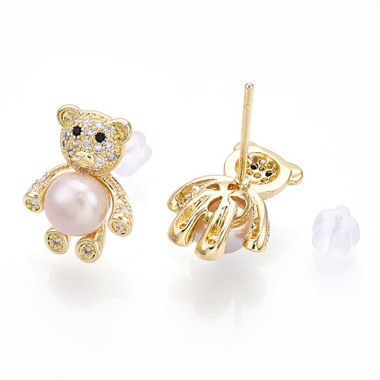 Clear Cubic Zirconia Bear Stud Earrings with Natural Pearl, Brass Earring with 925 Sterling Silver Pins