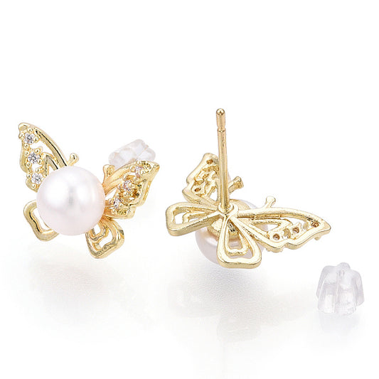 Brass Rhinestone Butterfly & Natural Pearl Stud Earrings, with 925 Sterling Silver Pins