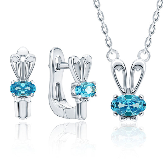 Cute Blue Zircon Bunny Earrings Necklace Set for Easter Gift