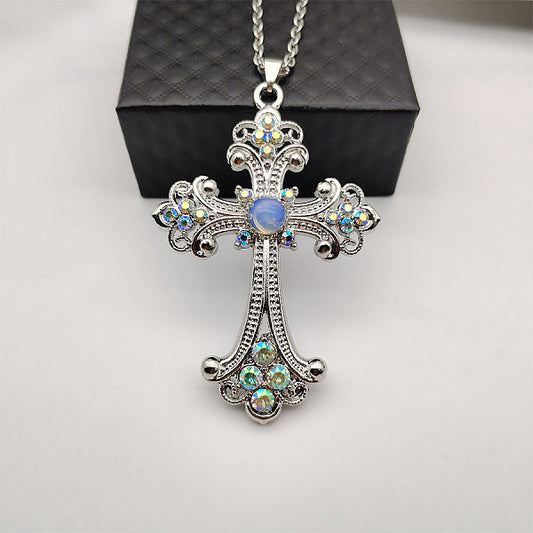 Vintage sparkling diamond cross large DIY accessory accessories, popular European and American necklaces and pendants