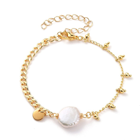 Natural Baroque Pearl Keshi Pearl Link Bracelets, with Brass Curb Chains, 304 Stainless Steel Lobster Claw Clasps and Flat Round Charms, Round, White