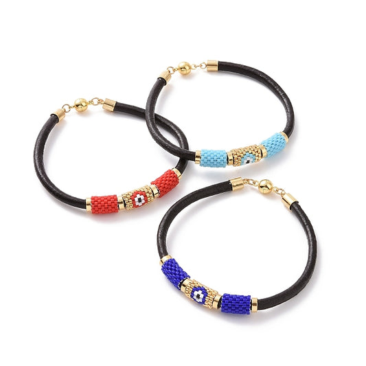 Japanese Seed Column with Evil Eye Beaded Bracelet with Cowhide Cords for Women