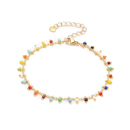 Glass Charm Bracelets, with Brass Curb Chains, 304 Stainless Steel Heart Charms & Lobster Claw Clasps, Real 18K Gold Plated, Colorful, 7-1/2 inch(19cm)