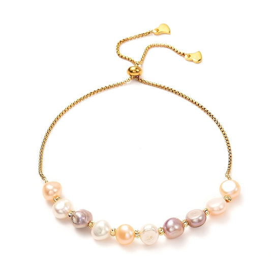 Natural Pearl Beads Adjustable Slider Bracelet for Girl Women Gift, Brass  Charms, 304 Stainless Steel Cubic Zirconia Box Chain Bracelet, Colorful, 0.79~3.23 inch(20~82mm)