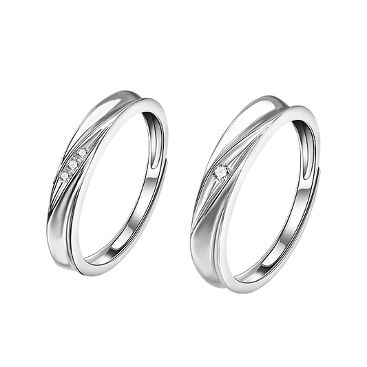 S925 Silver Simple Circle Couple Rings with Zirconia, Adjustable Size
