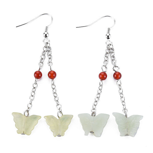 Butterfly Natural New Jade Dangle Earrings for Girl Women, Red Agate Beads Earrings with Brass Pin