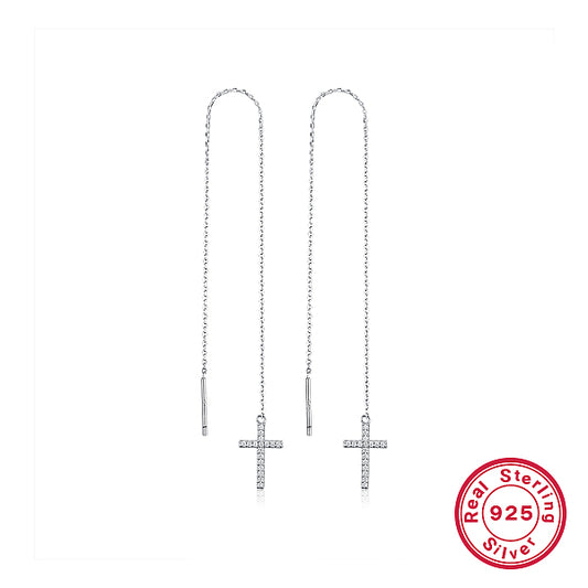 S925 Silver Cross Ear Thread Necklace Set with Zirconia Stones