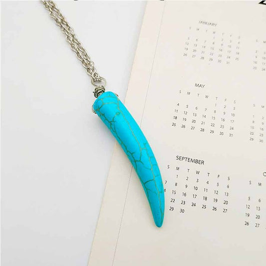 Blue turquoise horn shaped pendant with crescent moon pendant, small chili shaped stone jewelry, turquoise pendant