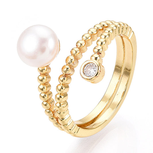 Natural Pearl Double Lines Finger Ring with Rhinestone, Brass Finger Rings for Women