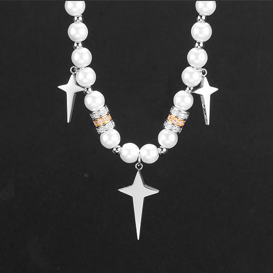 Stylish Stainless Steel Star Pendant Imitation Pearl Necklace Unisex Daily Wear