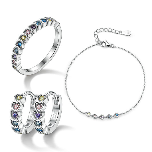 Colorful Zirconia Heart Jewelry Set in 925 Sterling Silver