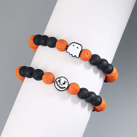European And American Halloween New Pumpkin Color Matching Volcanic Rock Ghost Face Beaded Bracelet For Women Bracelet Ornament Wholesale
