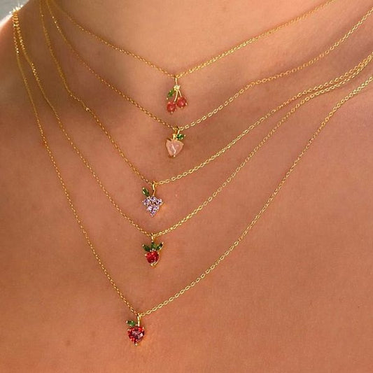 Wholesale Jewelry Cherry Peach Tropical Fruit Pendant Copper Inlaid Zircon Necklace