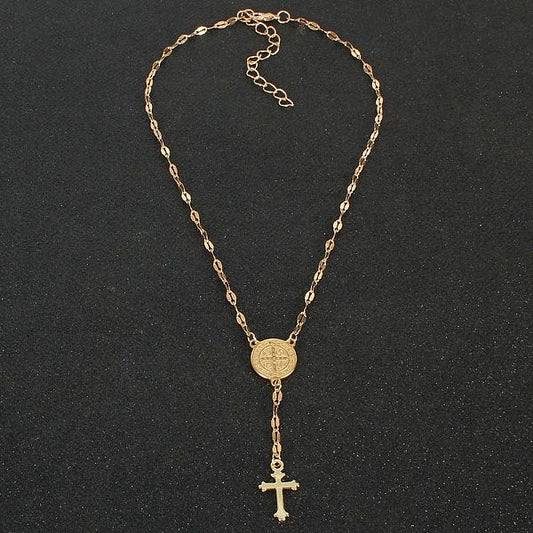 Round Brand Alloy Cross Pendant Necklace