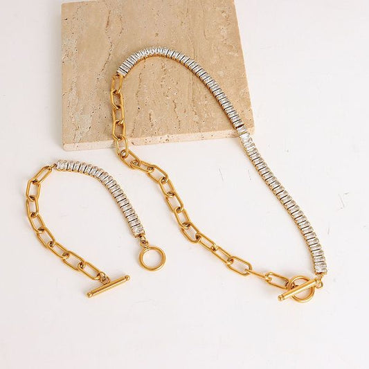 Retro Geometric Titanium Steel Inlaid Zircon Bracelets Necklace