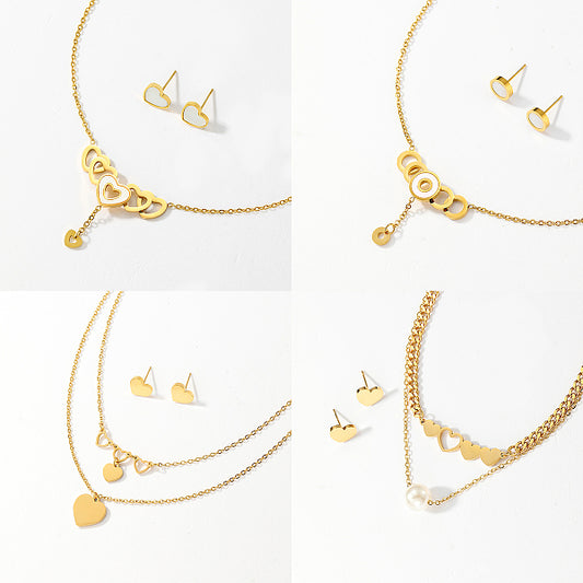 Stylish Minimalist Gold Jewelry Set with Heart Shell Earrings and Necklace/Gold