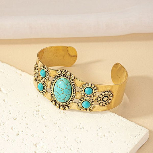 Retro Oval Alloy Plating Hollow Out Inlay Turquoise Women's Bangle