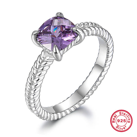 S925 Sterling Silver Diamond Colorful Zircon Ring, Elegant Square Design
