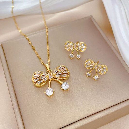Sweet Bow Knot Titanium Steel Plating Inlay Zircon Earrings Necklace