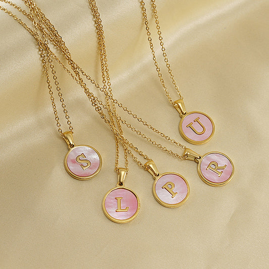 Stainless Steel Pink Shell Necklace Pendant, 18k Gold Plated Round Pendant