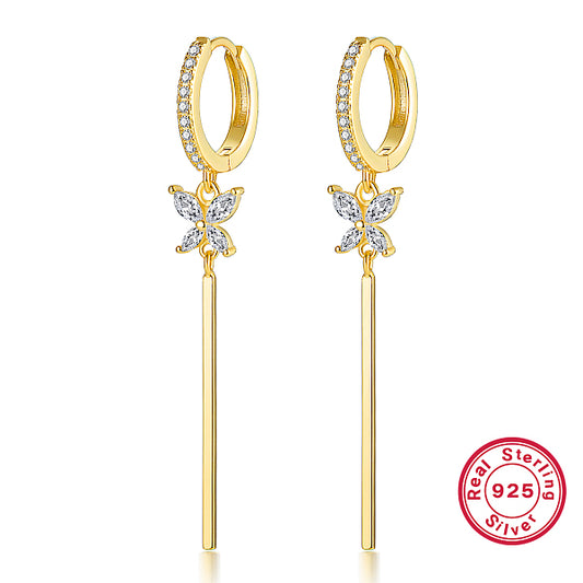 S925 Sterling Silver Earrings, Elegant Butterfly Diamond Tassel Earings, Gift for Valentine's Day