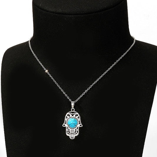 Fashionable technology metal copper inlaid turquoise Fatima hand pendant necklace Middle East Ramadan festival daily accessory.