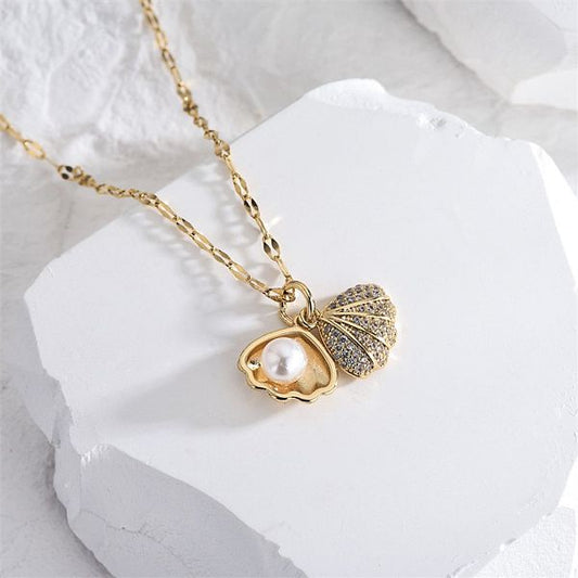 Casual Classic Style Artistic Shell Titanium Steel Plating Inlay Artificial Pearls 18K Gold Plated Necklace