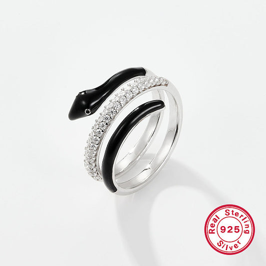 S925 Sterling Silver Snake Oil Inlaid Zircon Black and White Ring