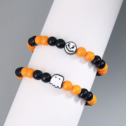 European And American Halloween New Pumpkin Color Matching Ghost Face Black And Bright Beads String Beads Bracelet Ladies Bracelet Exclusive For Cross-Border
