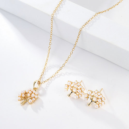 Cute Alloy Plated 18K Gold Pearl Butterfly Tree Cherry Jewelry Set