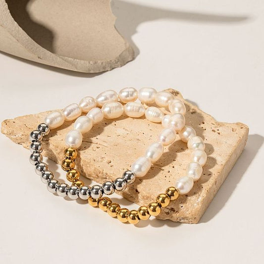 Streetwear Color Block Stainless Steel Freshwater Pearl Beaded Plating Bracelets