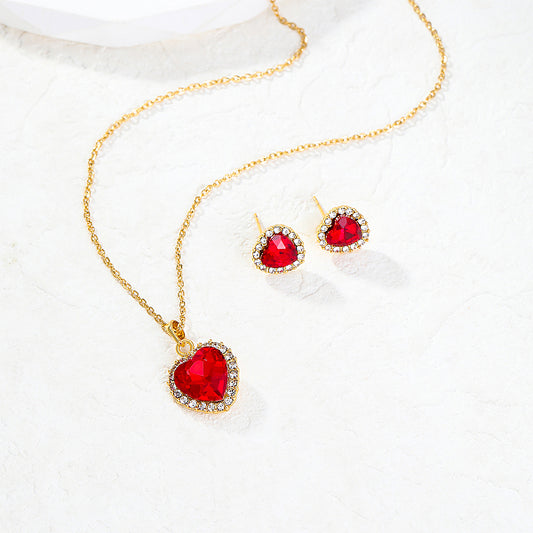 Vintage Heart-shaped Ruby Jewelry Set for Women's Evening Party or Date
