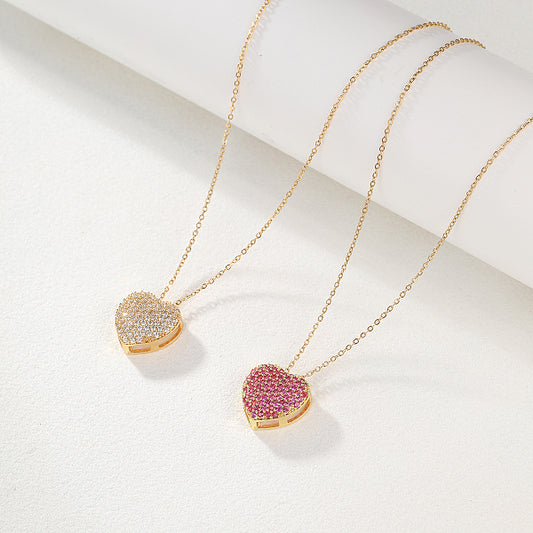 Sweet and Minimalist Copper Inlaid Pink Zircon Heart Couple Necklace