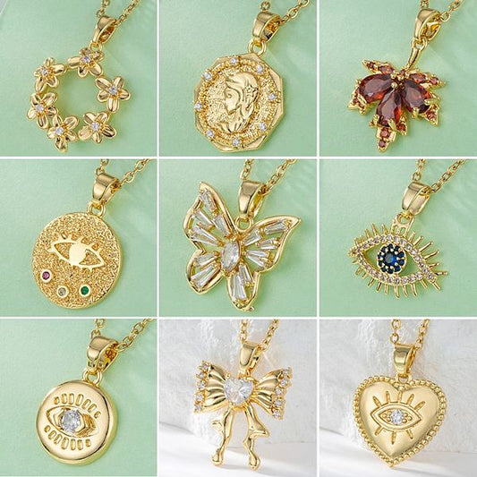 Elegant Maple Leaf Eye Butterfly Stainless Steel Titanium Steel Plating Inlay Zircon 18K Gold Plated Gold Plated Pendant Necklace