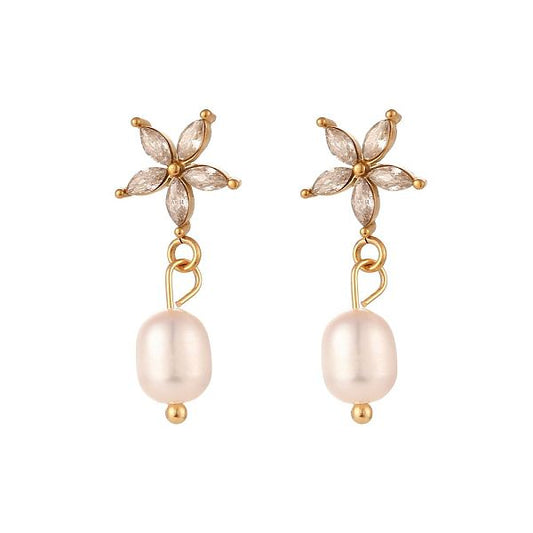 Lady Flower Stainless Steel Pearl Plating Inlay Zircon Drop Earrings 1 Pair