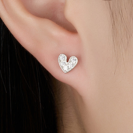 S925 Silver Heart Stud Earrings with Zirconia, Unique Design, High-end