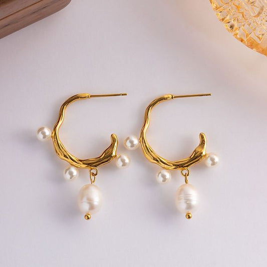 Fashion C Shape Stainless Steel Inlay Pearl Drop Earrings 1 Pair