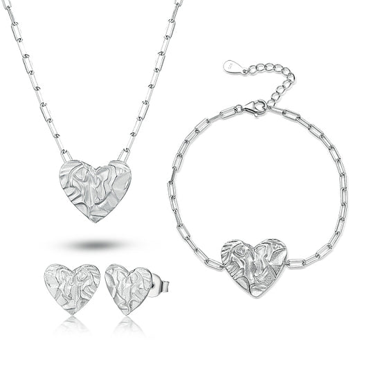 Silver Heart Texture Jewelry Set: Necklace, Earrings, Bracelet - Vintage Luxe Style