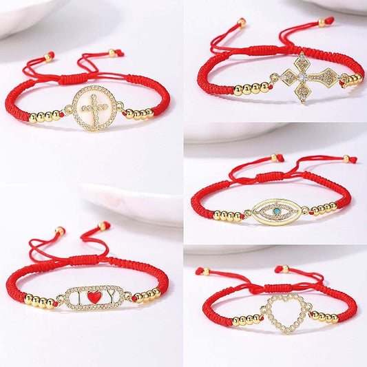 Classic Cross Pendant Adjustable Handmade Red Rope Bracelet for Women, Holiday Gift/Gold