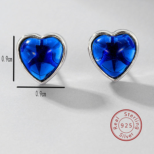 925 Sterling Silver Blue Sapphire Heart Stud Earrings - Romantic Ocean-themed Gift
