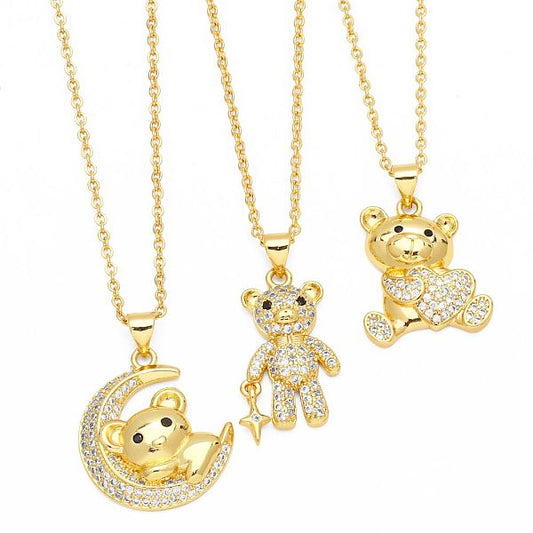 1 Piece Cute Little Bear Copper Plating Inlay Zircon 18K Gold Plated Pendant Necklace
