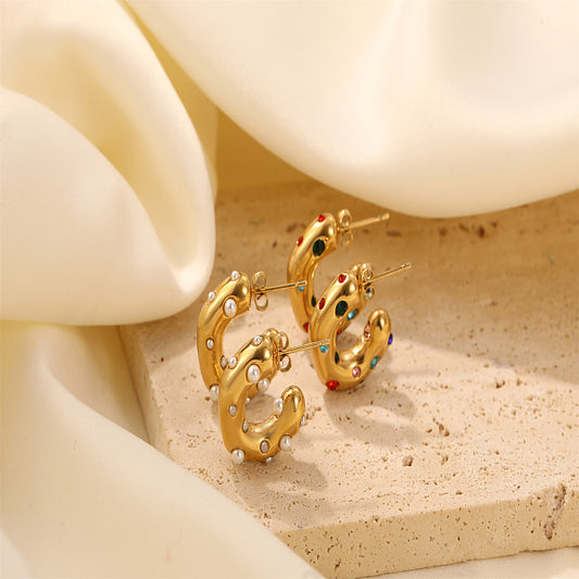 Elegant 18K Gold Stainless Steel Pearl and Cubic Zirconia Earrings