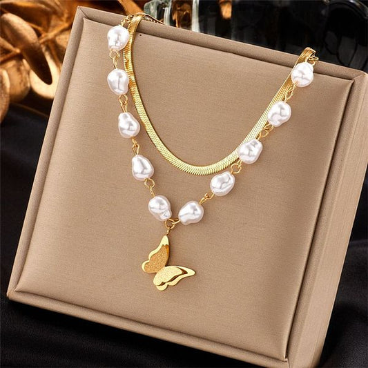Wholesale Jewelry Baroque Style Butterfly Artificial Pearl Titanium Steel 18K Gold Plated Layered Necklaces
