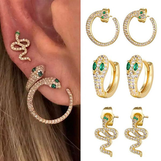 Fashion Copper Gold Plated Inlaid Zircon Snake Shape Earrings